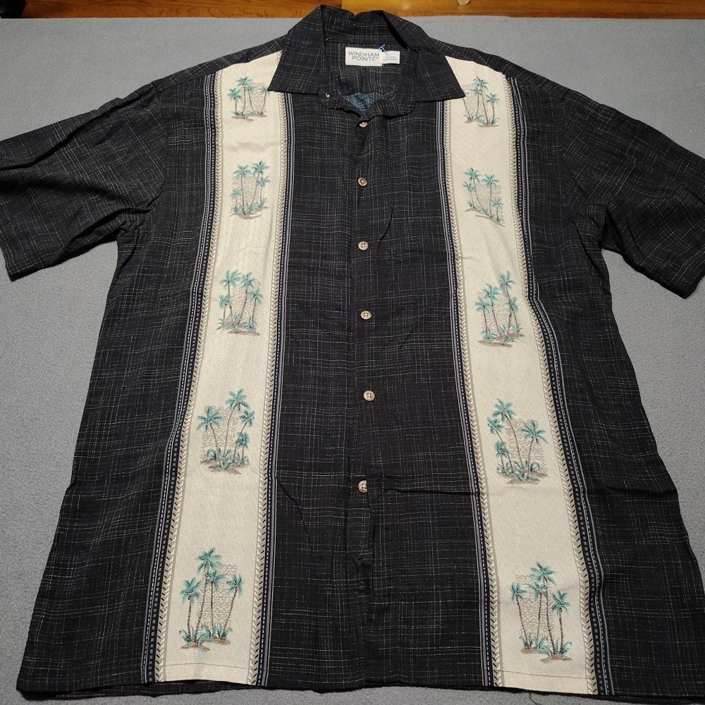 Windham Pointe Button Down Shirt Men L Black With Palm Trees Short Sleeve Rayon